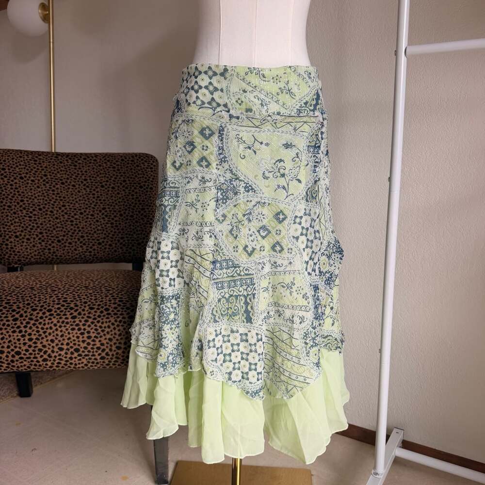 Bob Mackie Studio Green Floral Silk Metallic Asymmetrical Fairy Skirt 6